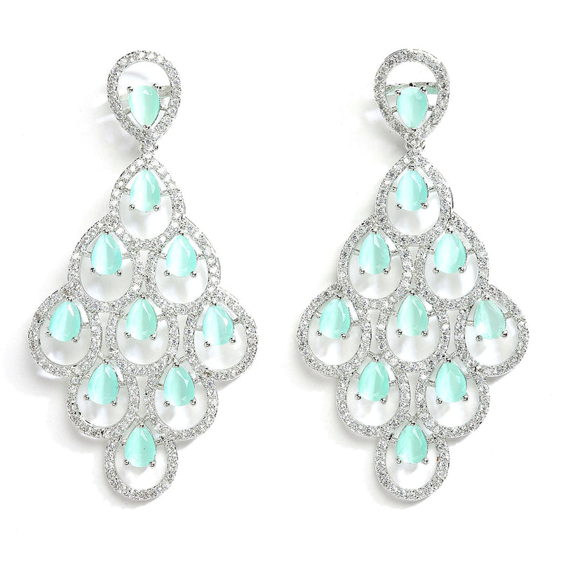 Sea Green American Diamond Rhodium-Plated with Silver-Tone Studded Leaf Shaped Drop Earrings