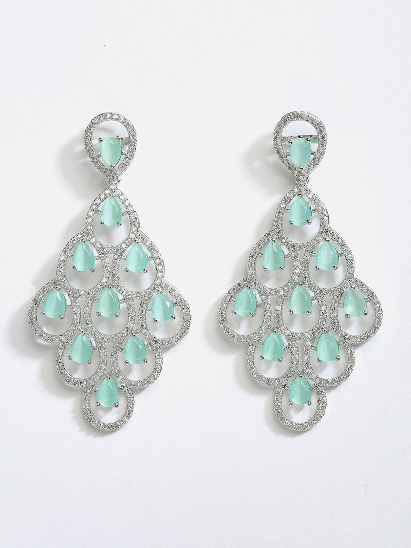 Sea Green American Diamond Rhodium-Plated with Silver-Tone Studded Leaf Shaped Drop Earrings