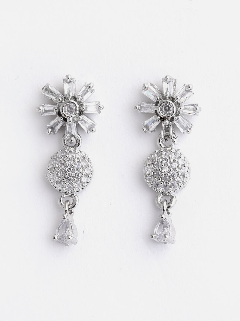 Flower Shaped Rhodium-Plated with Silver-Tone & White American Diamond Studded Jewellery Set