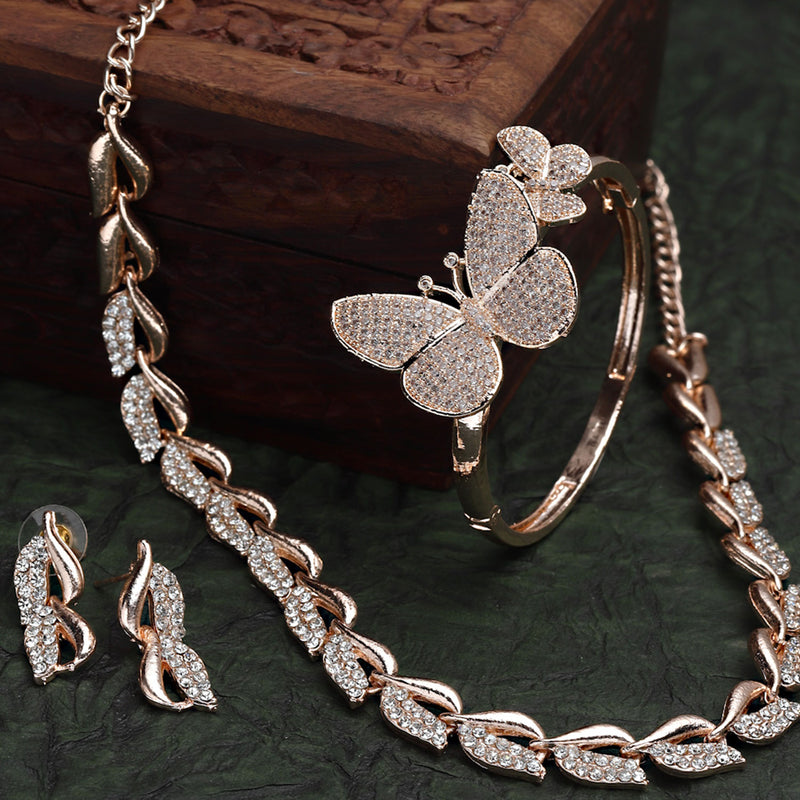 Rose Gold-Plated Butterfly White Cubic Zirconia Studded Jewellery Set Combo