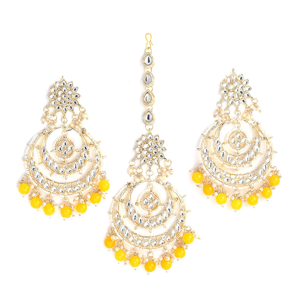 Gold-Plated Pearl Drops Orange Kundan Chandbali Maang Tikka & Earrings Set