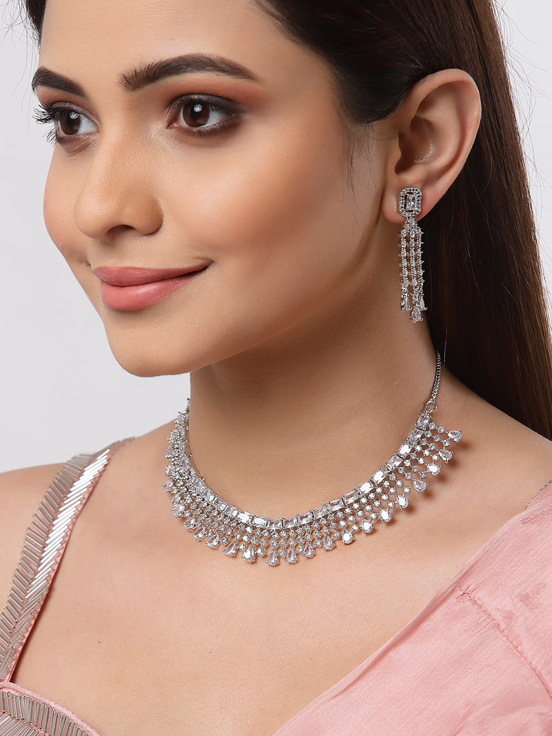 Rhodium-Plated with Silver-Tone White American Diamond-Studded Jewellery Set
