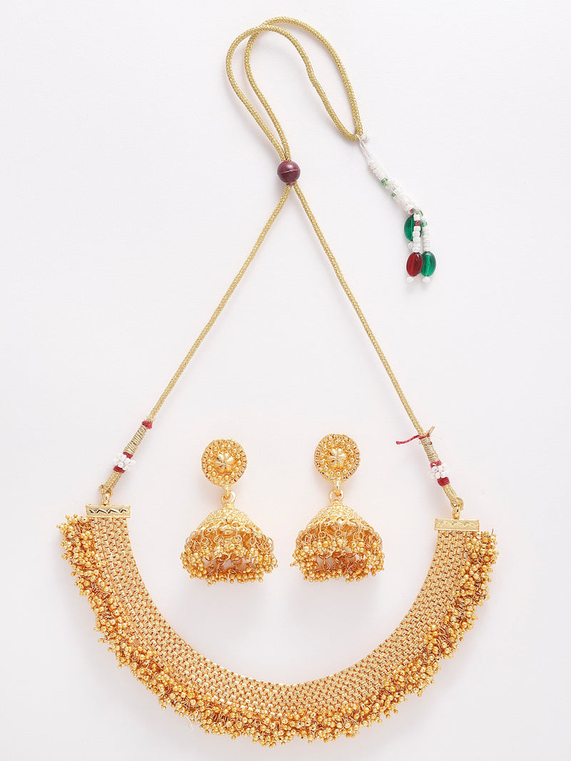 Traditional Gold Plated Temple Design Collar Necklace and Earrings Jewellery Set