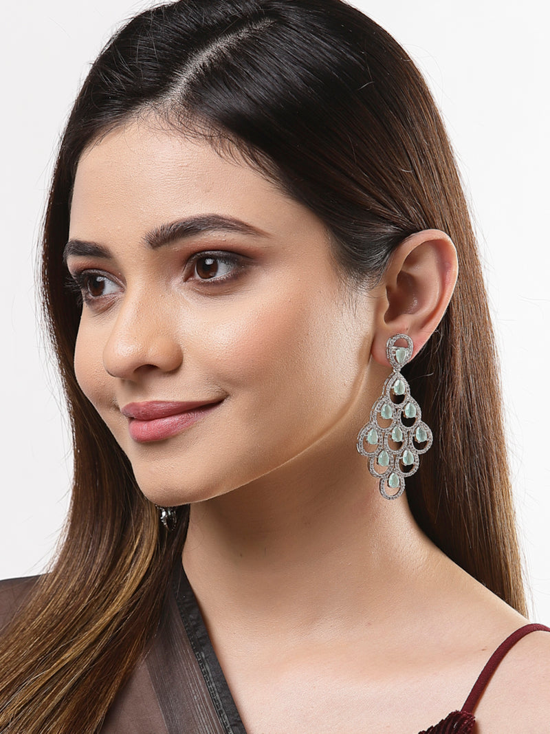 Sea Green American Diamond Rhodium-Plated with Silver-Tone Studded Leaf Shaped Drop Earrings