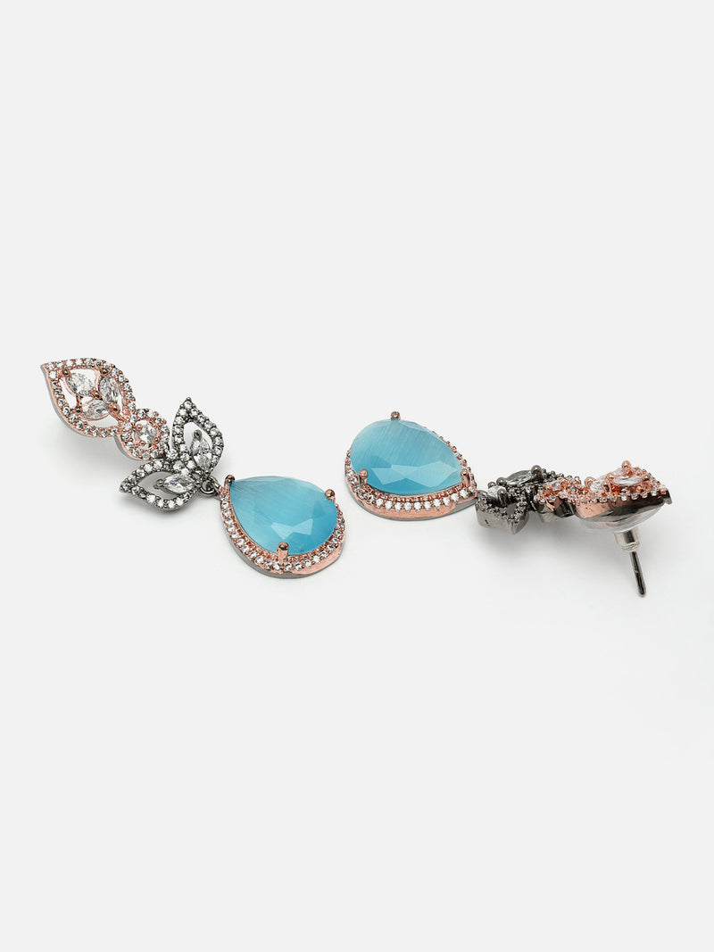 Rose Gold-Plated Gunmetal Toned Sky Blue American Diamond studded Teardrop & Leaf Shaped Drop Earrings