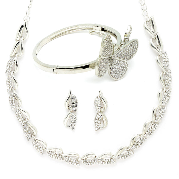Rhodium Plated Silver Toned Butterfly White Cubic Zirconia Studded Jewellery Set Combo