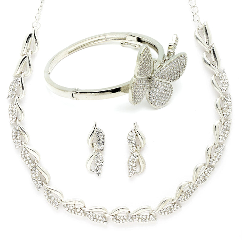 Rhodium Plated Silver Toned Butterfly White Cubic Zirconia Studded Jewellery Set Combo