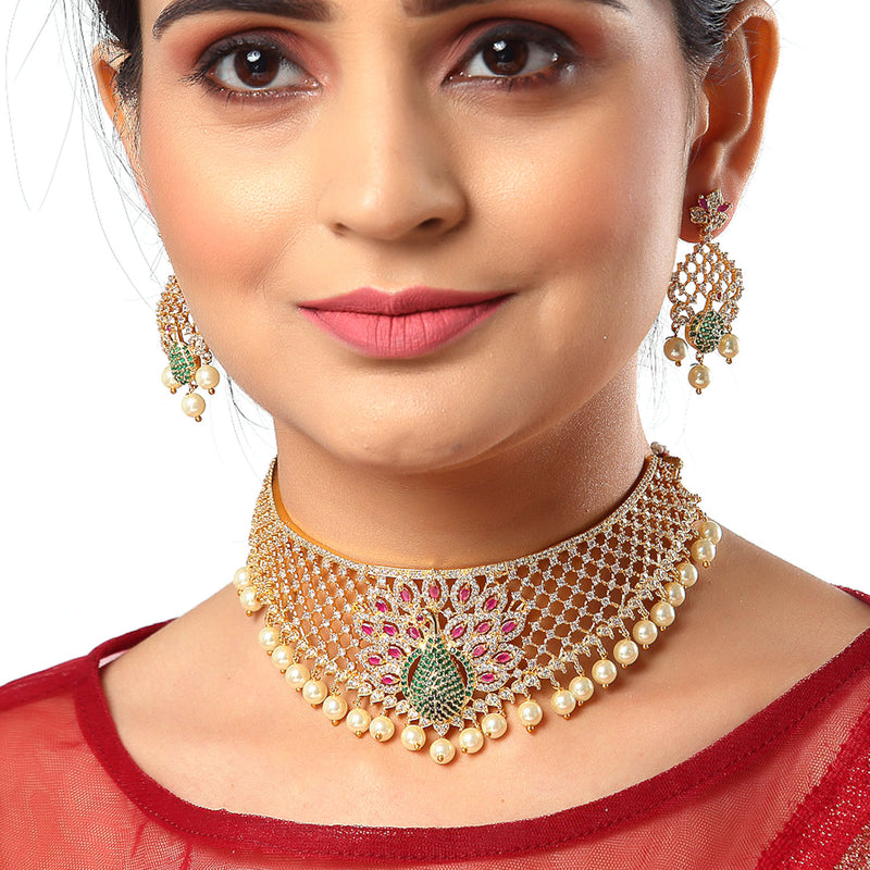 Peacock Design Choker Handcrafted with Gold-Plated Red American Diamond Studded Jewelry Set