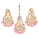 Gold-Plated Pearl Drops Pink Kundan Chandbali Maang Tikka & Earrings Set