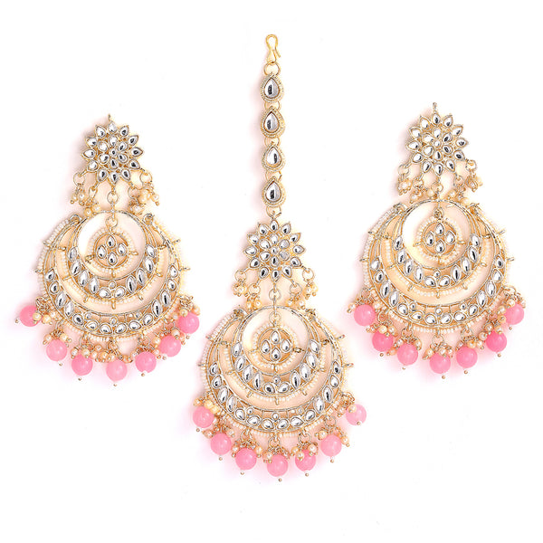 Gold-Plated Pearl Drops Pink Kundan Chandbali Maang Tikka & Earrings Set