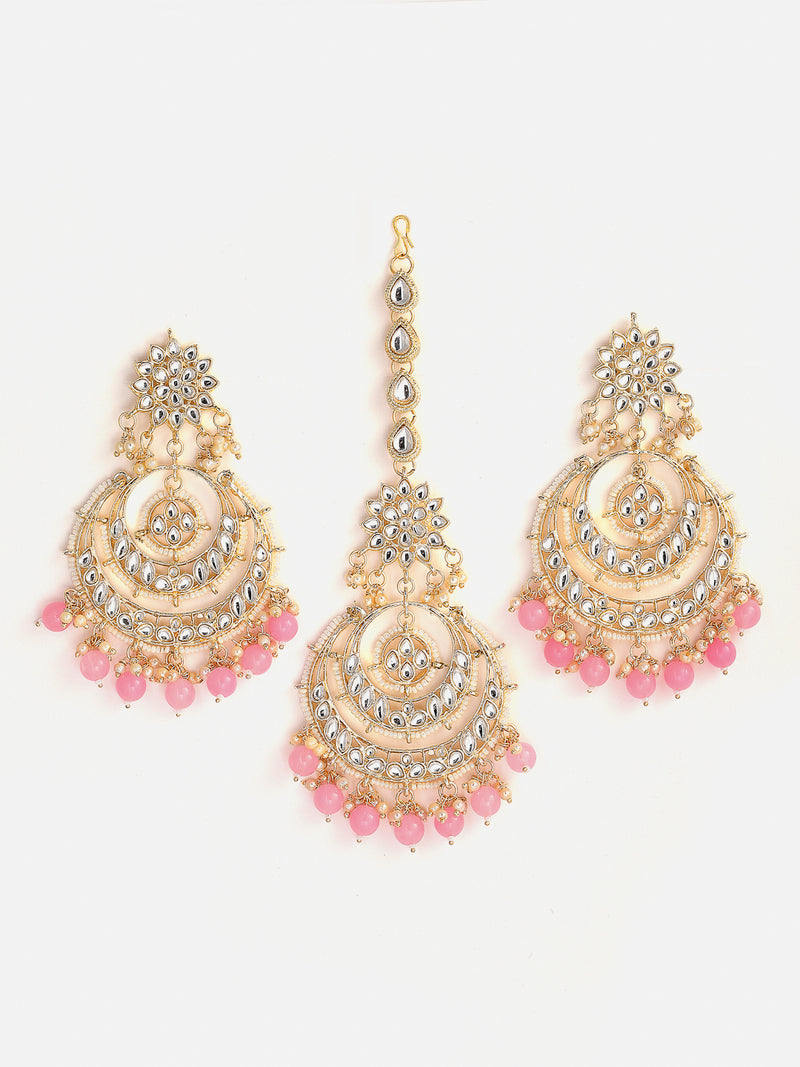 Gold-Plated White & Pink Stone Studded & Beaded Jewellery Set