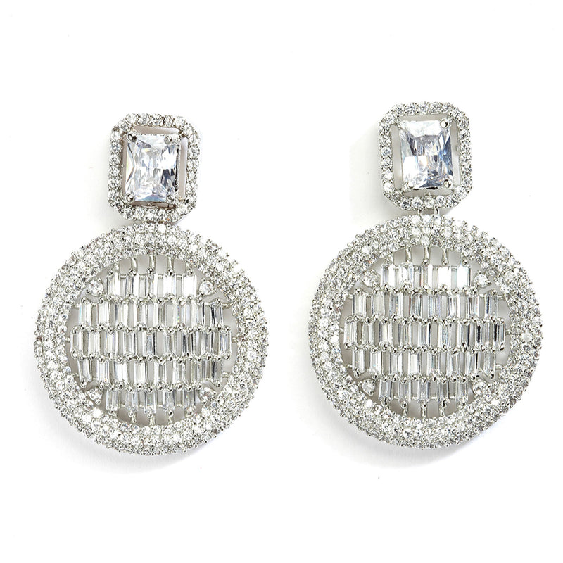White American Diamond Studded Geometric Shaped Rhodium-Plated with Silver-Tone Drop Earrings