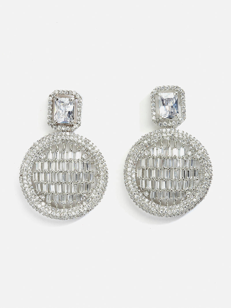 White American Diamond Studded Geometric Shaped Rhodium-Plated with Silver-Tone Drop Earrings
