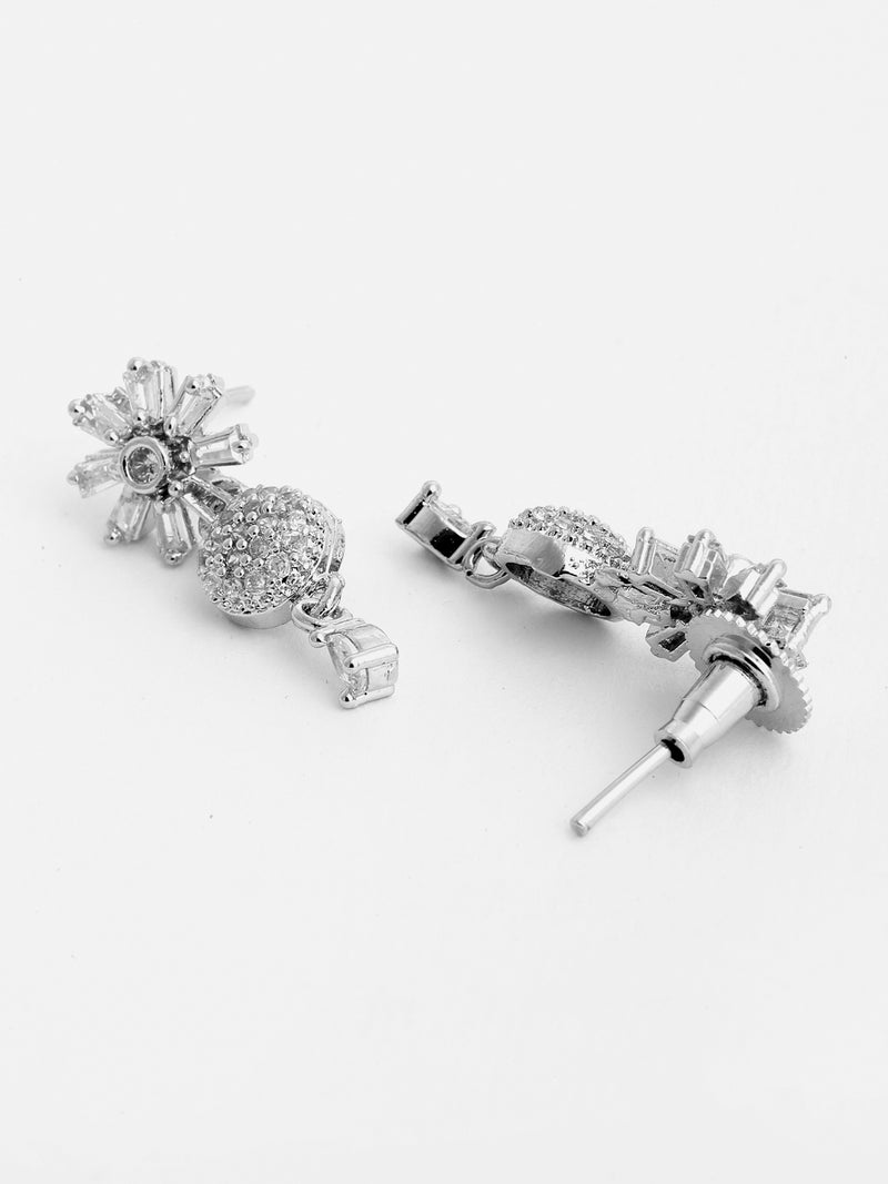 Flower Shaped Rhodium-Plated with Silver-Tone & White American Diamond Studded Jewellery Set