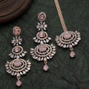 Rose Gold Plated Pink American Diamond Bead Drops Ethnic Maang Tikka & Earring