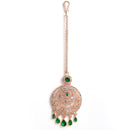 Rose Gold Plated Green American Diamond Studded Chand Bali Maang Tikka with Earring Set