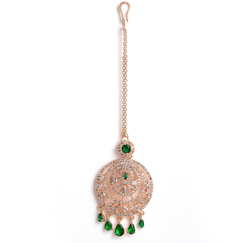 Rose Gold Plated Green American Diamond Studded Chand Bali Maang Tikka with Earring Set