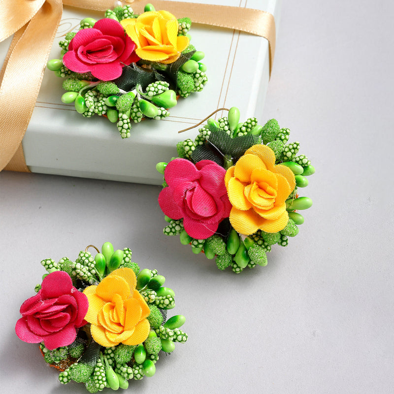 Gold-Plated Pearl Green Yellow & Pink Gota Patti Flower Maang Tikka Set