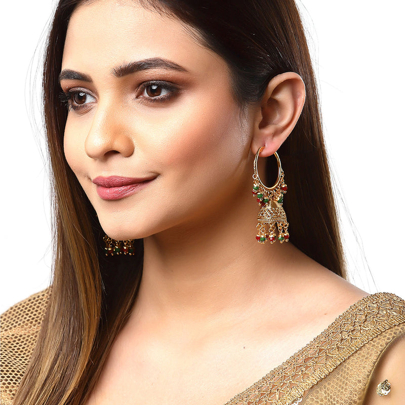 Red & Green with Gold-Plated Dome Shaped Jhumkas Earrings