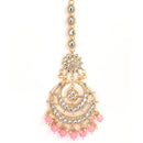 Gold-Plated Pearl Drops Pink Kundan Chandbali Maang Tikka & Earrings Set