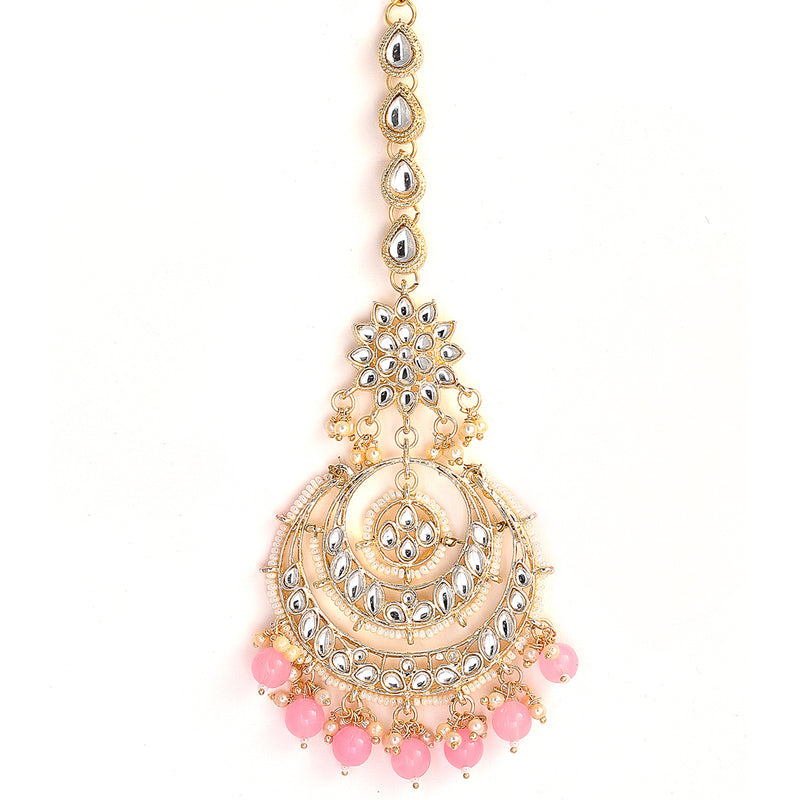 Gold-Plated Pearl Drops Pink Kundan Chandbali Maang Tikka & Earrings Set