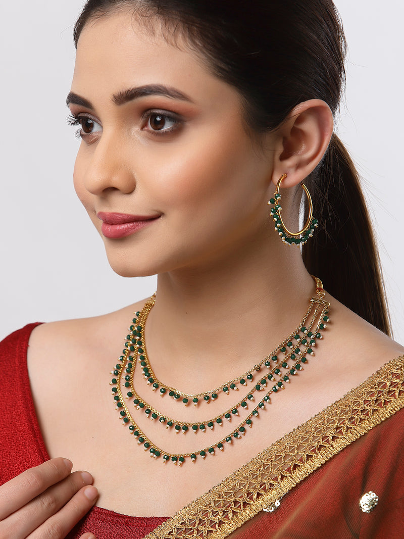 Gold-Plated Green Pearl Drop 3 Intricate Layered Jewellery Set