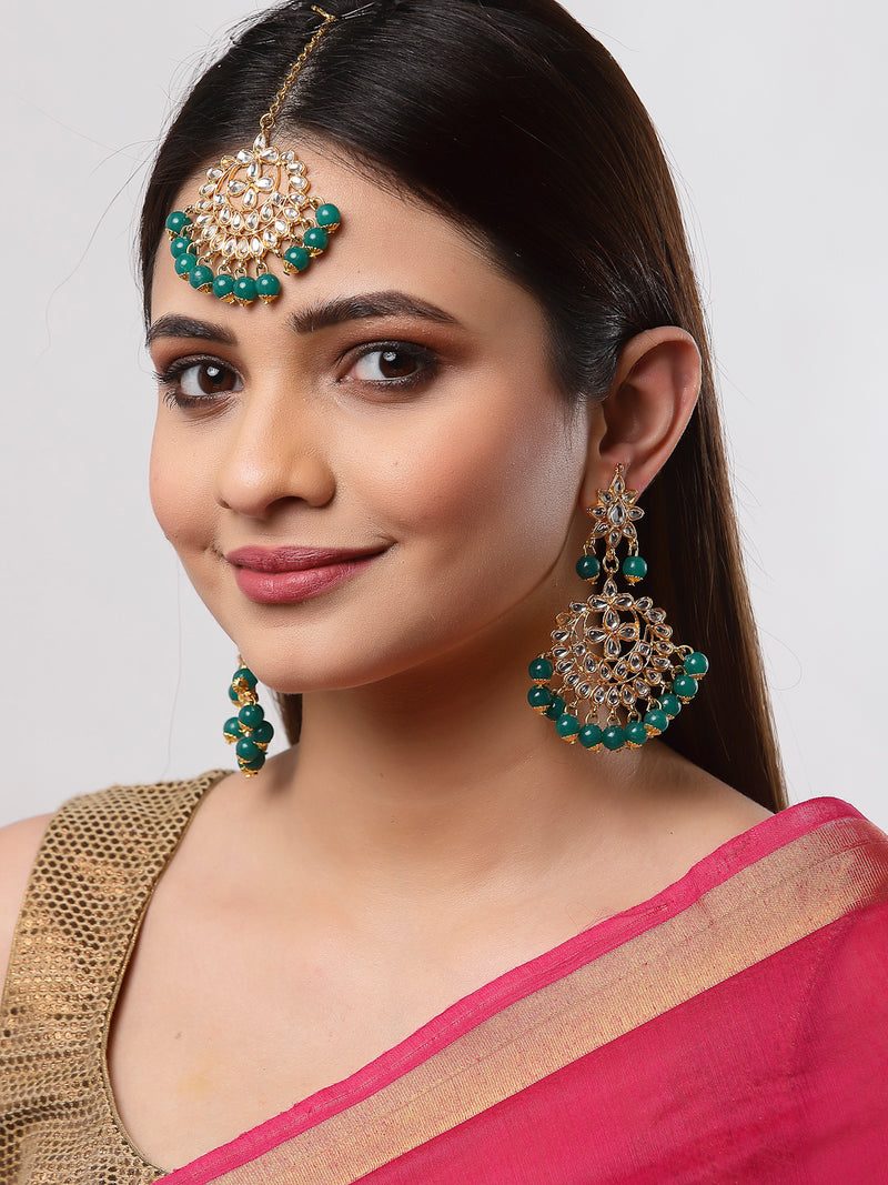 Gold Plated & Green Kundan Studded Earrings & Maangtikka Set