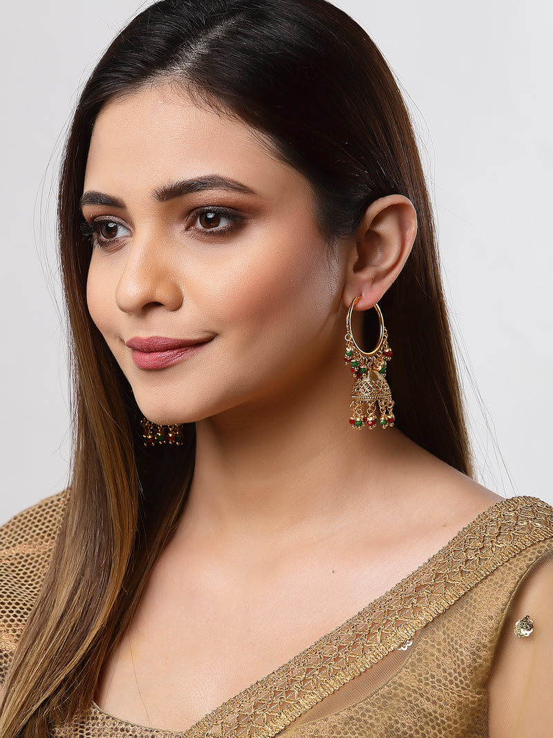 Red & Green with Gold-Plated Dome Shaped Jhumkas Earrings