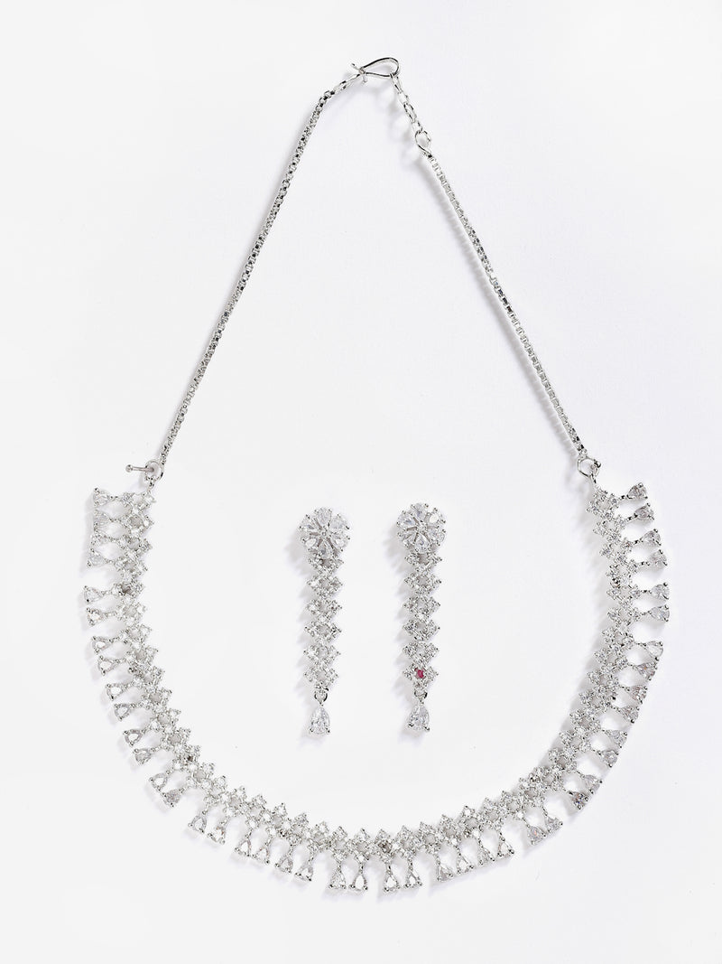 Rhodium-Plated with Silver-Tone & White American Diamond Studded Jewellery Set