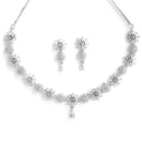 Flower Shaped Rhodium-Plated with Silver-Tone & White American Diamond Studded Jewellery Set