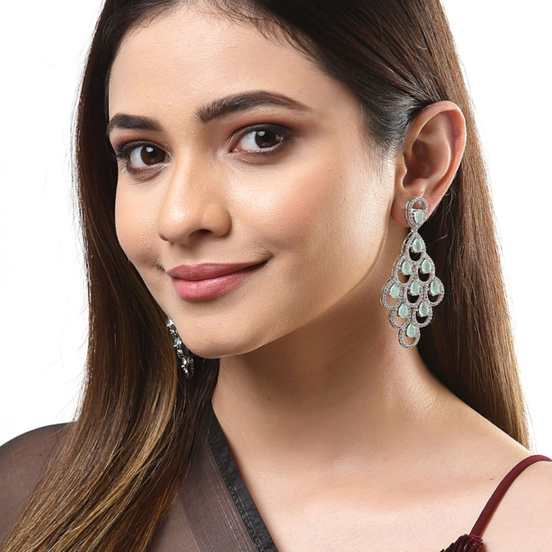 Sea Green American Diamond Rhodium-Plated with Silver-Tone Studded Leaf Shaped Drop Earrings
