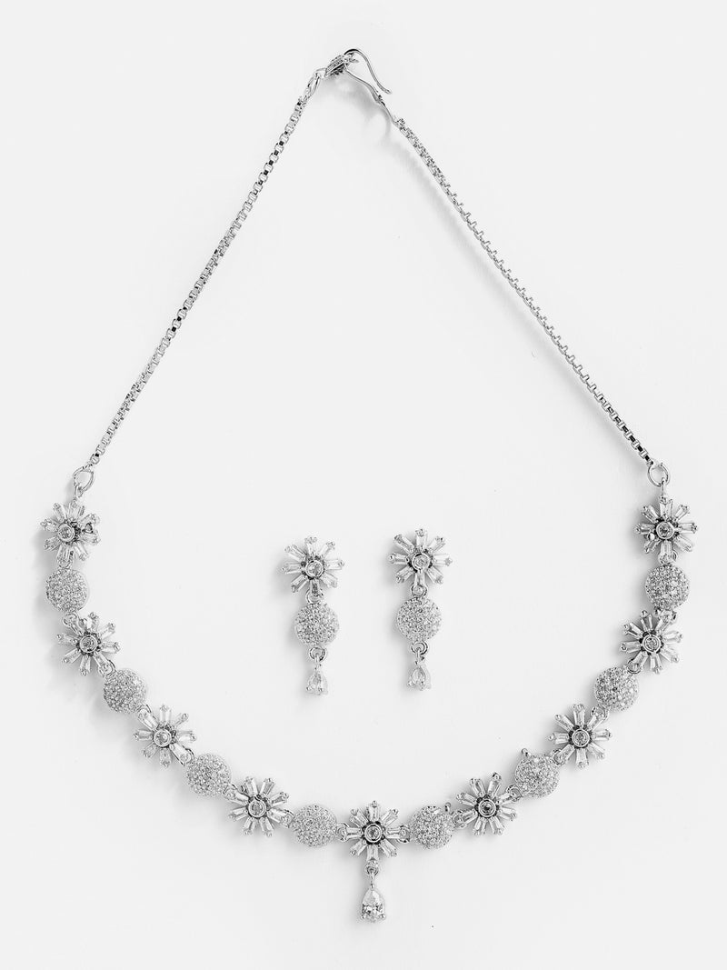 Flower Shaped Rhodium-Plated with Silver-Tone & White American Diamond Studded Jewellery Set