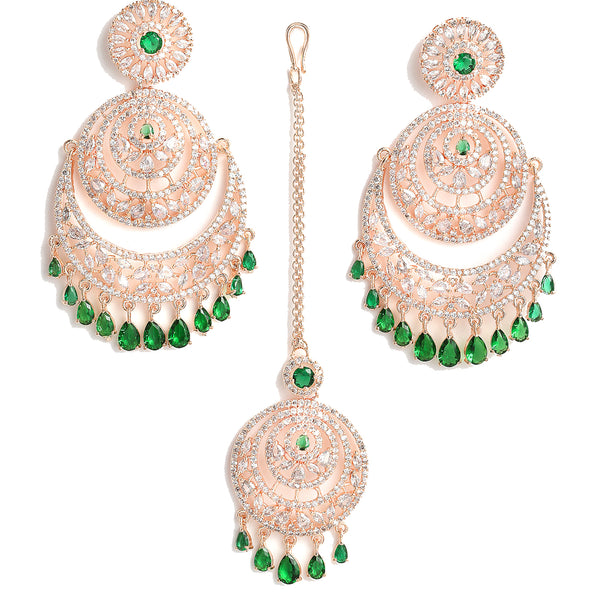 Rose Gold Plated Green American Diamond Studded Chand Bali Maang Tikka with Earring Set