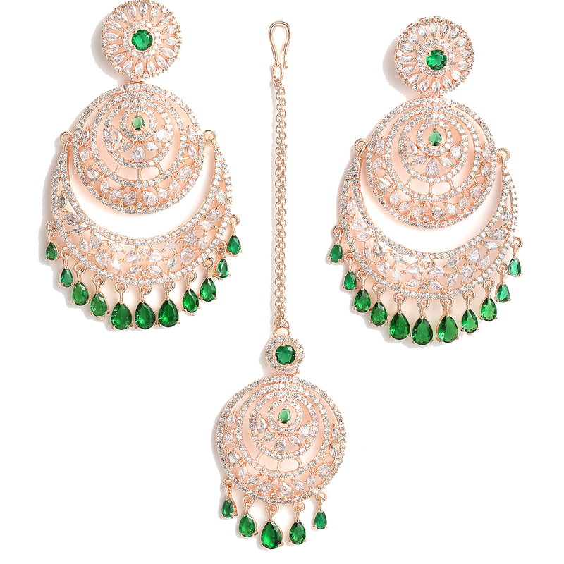 Rose Gold Plated Green American Diamond Studded Chand Bali Maang Tikka with Earring Set