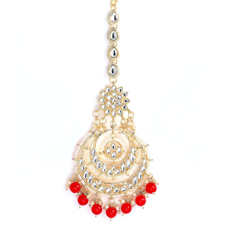 Gold-Plated Pearl Drops Red Kundan Chandbali Maang Tikka & Earrings Set