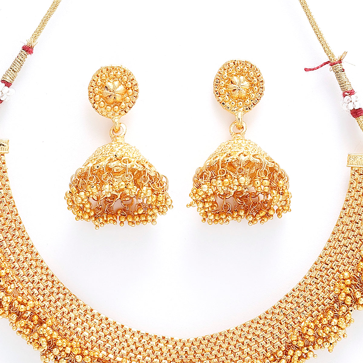 Traditional Gold Plated Temple Design Collar Necklace and Earrings Jew