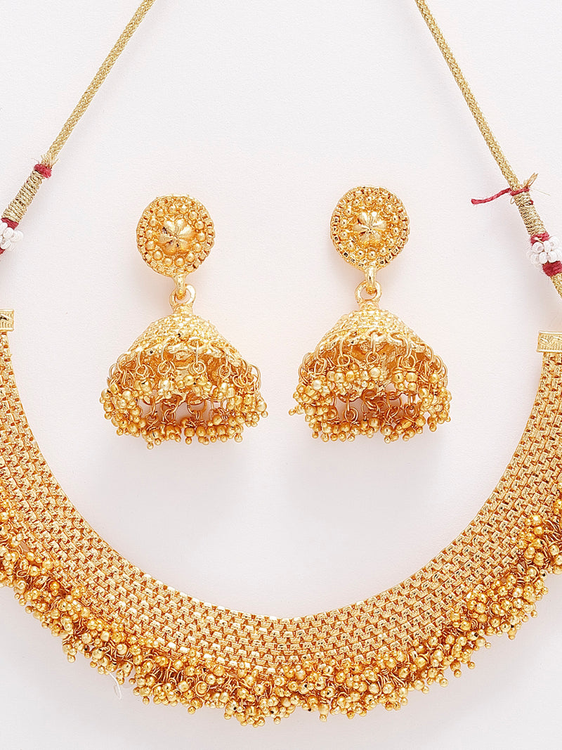 Traditional Gold Plated Temple Design Collar Necklace and Earrings Jewellery Set