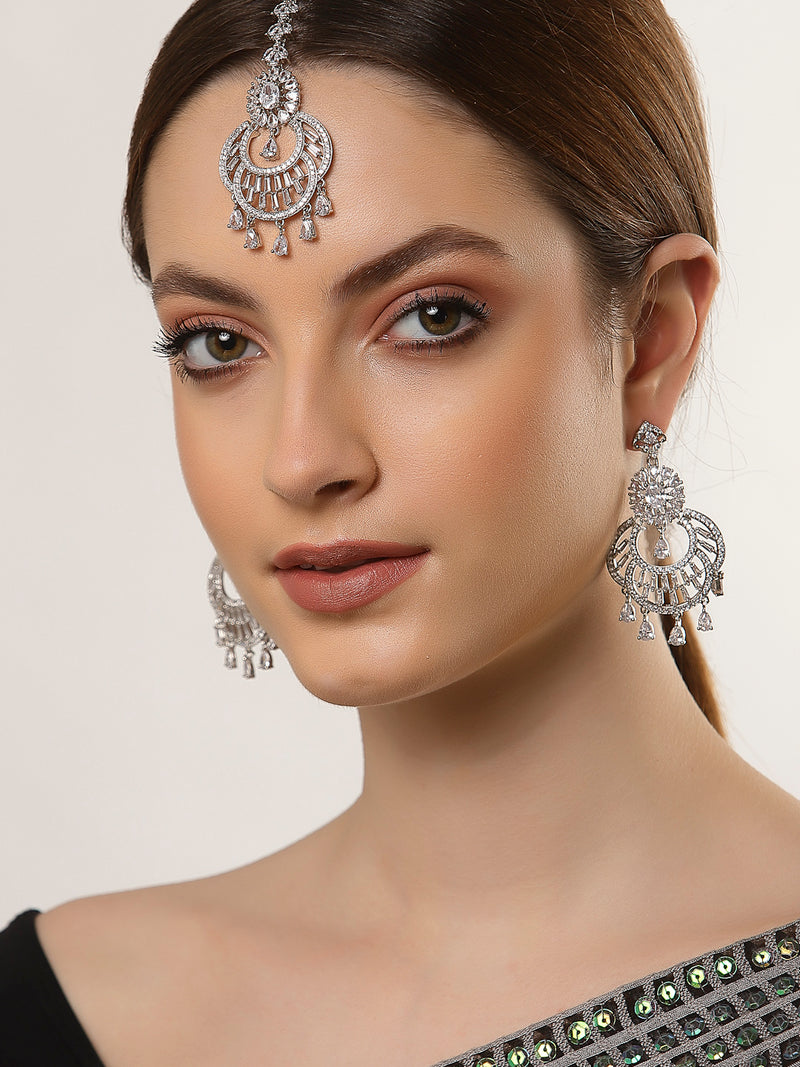 Chandbali Styled Design Rhodium-Plated with Silver-Toned White American Diamond Studded Maang Tikka And Earrings Set