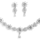Flower Shaped Rhodium-Plated with Silver-Tone & White American Diamond Studded Jewellery Set