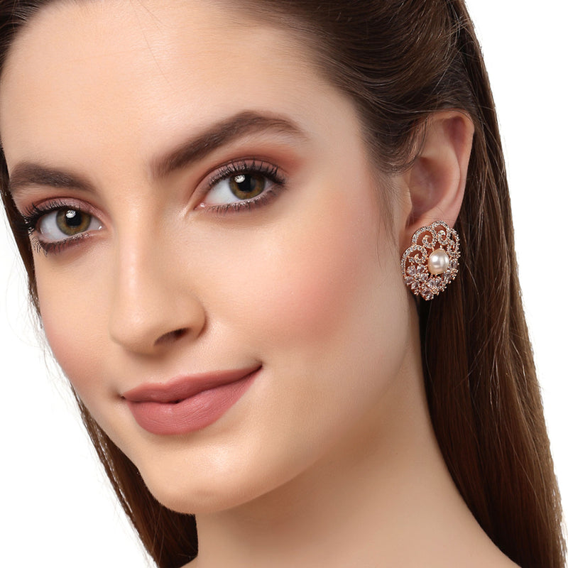 Rose Gold-Plated & White Floral Shaped Studs Earrings