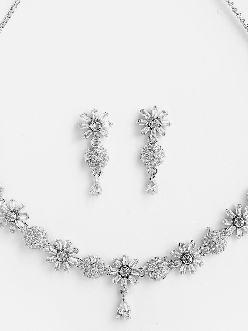 Flower Shaped Rhodium-Plated with Silver-Tone & White American Diamond Studded Jewellery Set