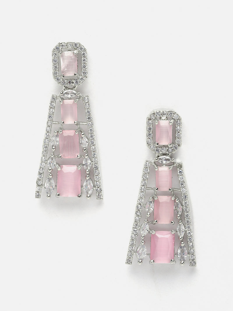 Rhodium-Plated Pink American Diamond studded Contemporary Drop Earrings