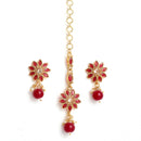 Gold Plated Floral Red Pearl Maang Tikka & Earring Set