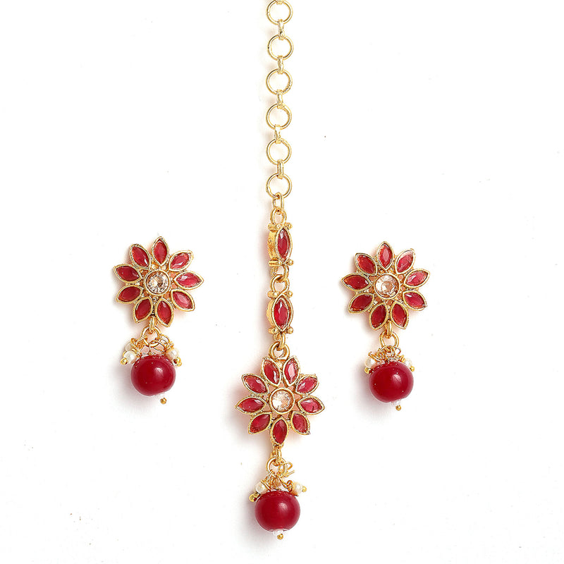 Gold Plated Floral Red Pearl Maang Tikka & Earring Set