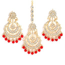 Gold-Plated Pearl Drops Red Kundan Chandbali Maang Tikka & Earrings Set