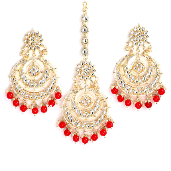 Gold-Plated Pearl Drops Red Kundan Chandbali Maang Tikka & Earrings Set