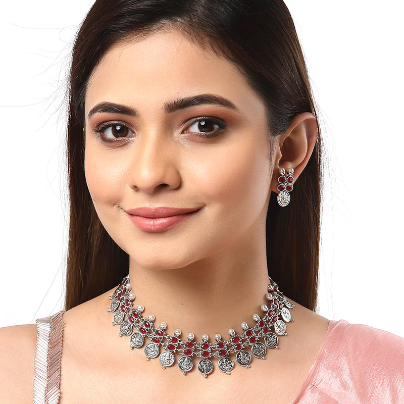 Temple Coin Rhodium-Plated with Silver-Tone Kundan-Studded Jewellery Set