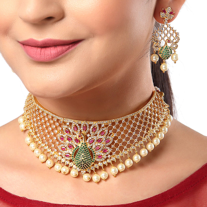 Peacock Design Choker Handcrafted with Gold-Plated Red American Diamond Studded Jewelry Set