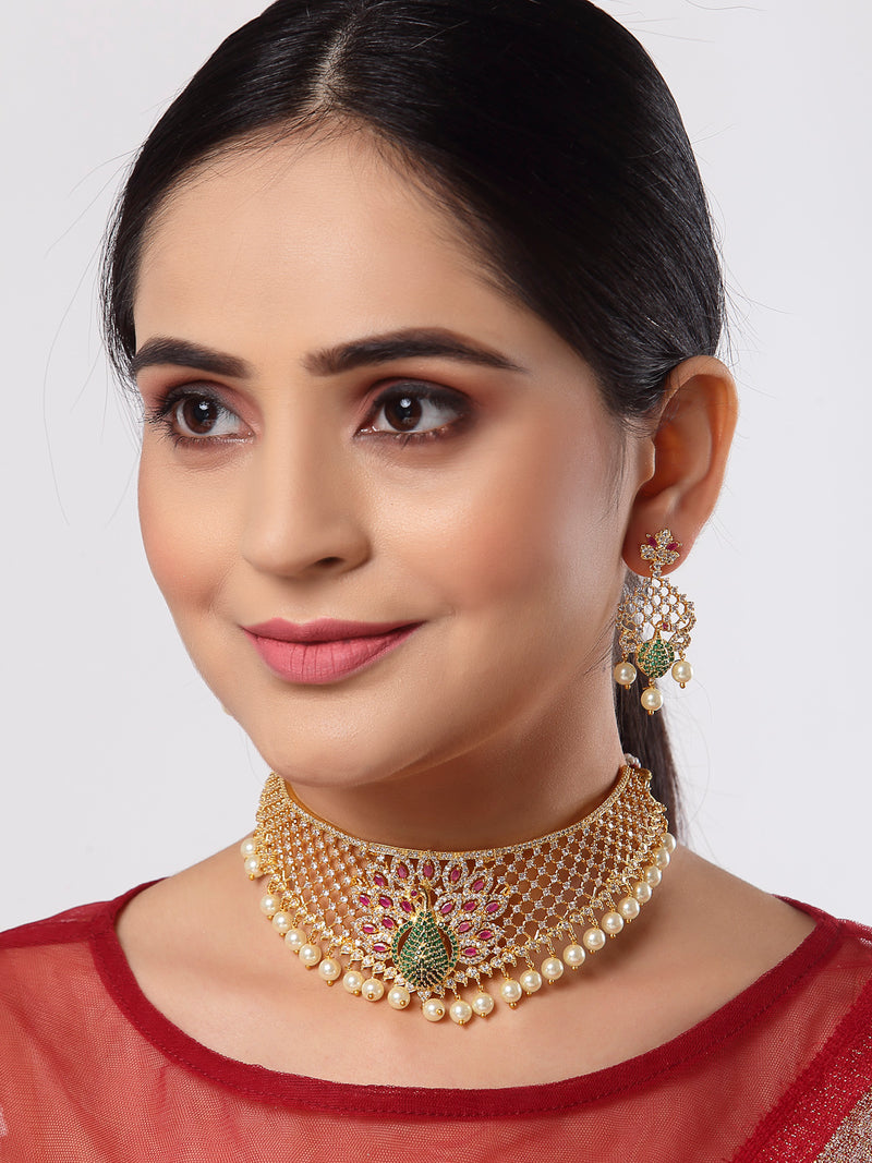 Peacock Design Choker Handcrafted with Gold-Plated Red American Diamond Studded Jewelry Set