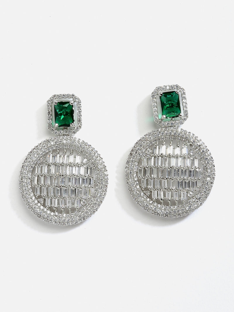 Green American Diamond Studded Geometric Shaped Rhodium-Plated with Silver-Tone Drop Earrings